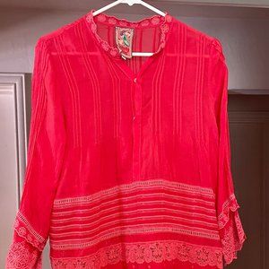 Johnny Was salmon colored embroidered tunic. Size XS